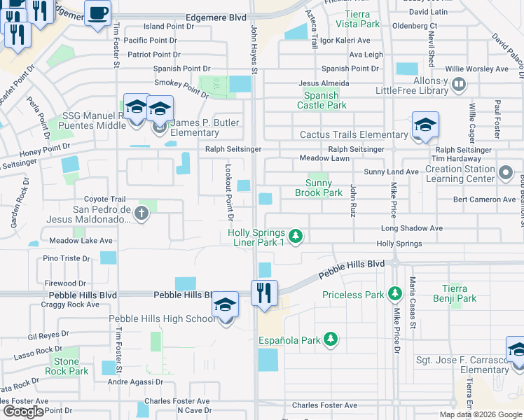 map of restaurants, bars, coffee shops, grocery stores, and more near 14440 Charro Point Court in El Paso