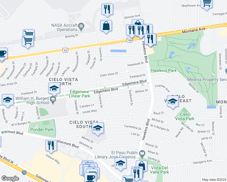 map of restaurants, bars, coffee shops, grocery stores, and more near 8404 Edgemere Boulevard in El Paso