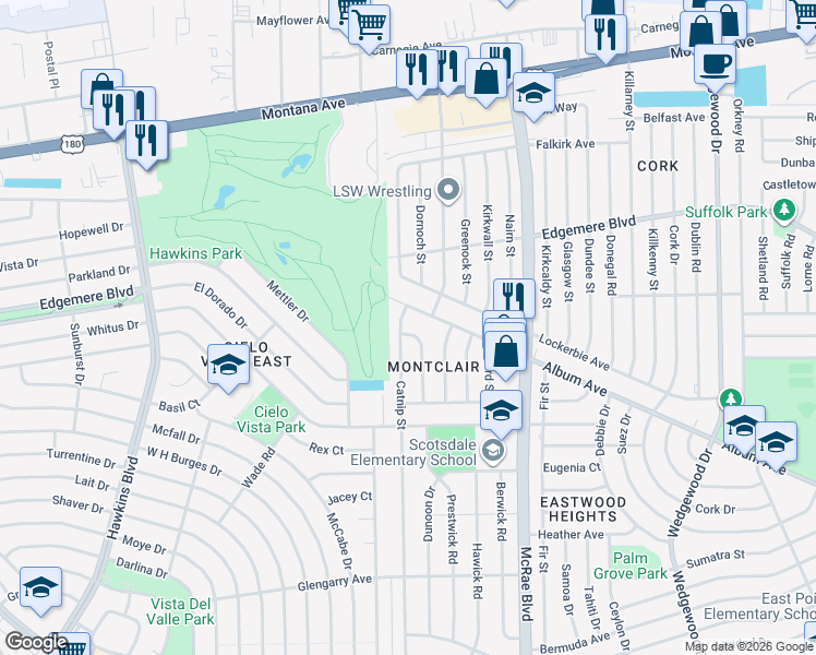 map of restaurants, bars, coffee shops, grocery stores, and more near 3134 Daisy Street in El Paso