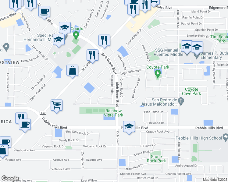 map of restaurants, bars, coffee shops, grocery stores, and more near 3060 Cascade Point in El Paso