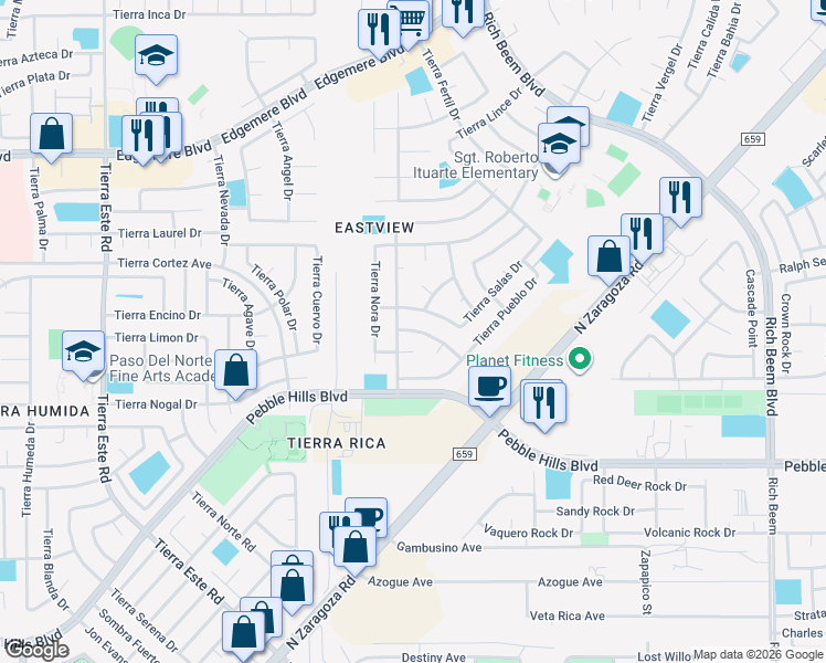 map of restaurants, bars, coffee shops, grocery stores, and more near 12708 Tierra Monje in El Paso