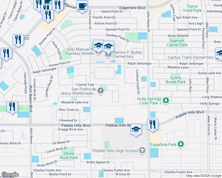 map of restaurants, bars, coffee shops, grocery stores, and more near 14357 Arabian Point in El Paso