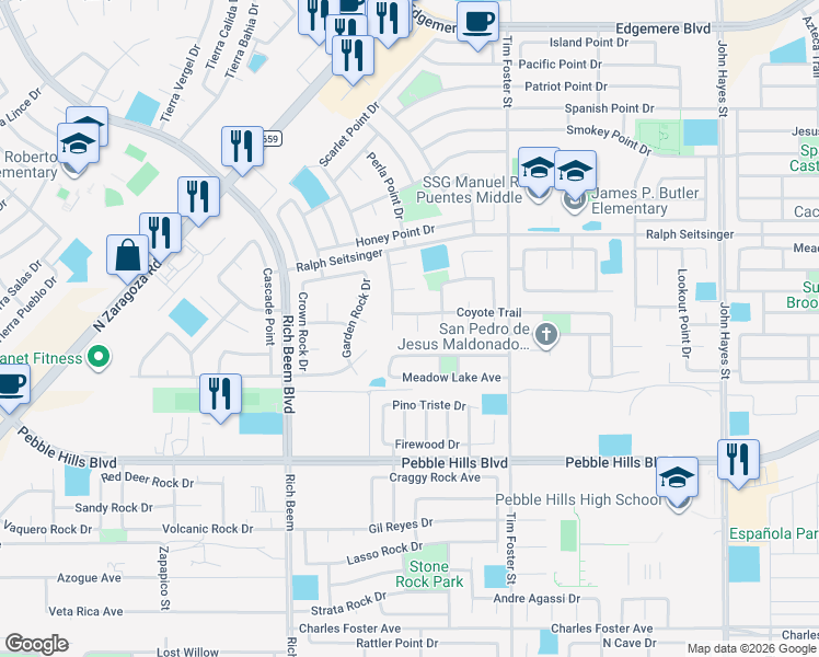 map of restaurants, bars, coffee shops, grocery stores, and more near 3002 Coyote View in El Paso