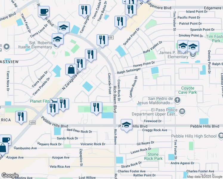 map of restaurants, bars, coffee shops, grocery stores, and more near 3060 Cascade Point in El Paso
