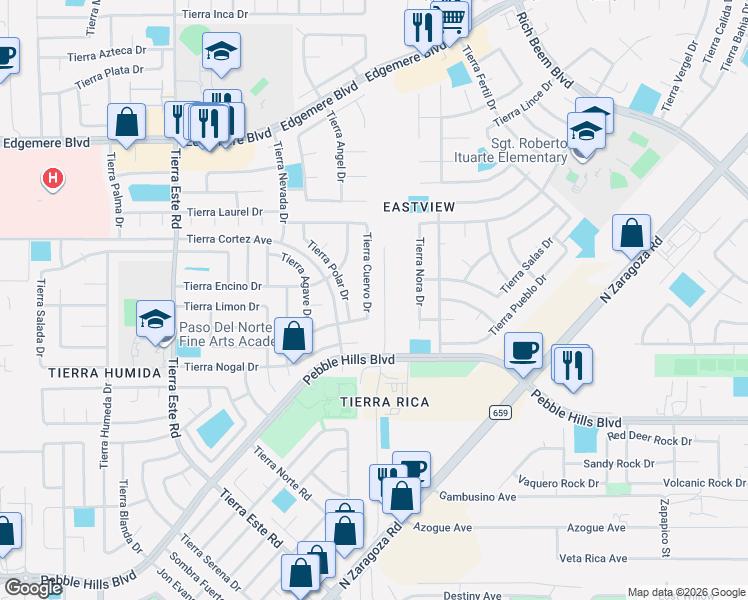 map of restaurants, bars, coffee shops, grocery stores, and more near 3016 Tierra Cuervo Drive in El Paso