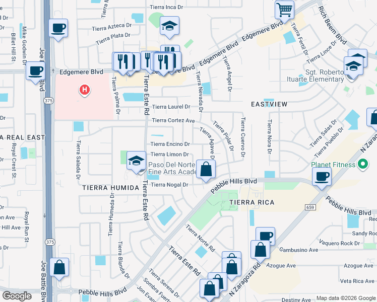 map of restaurants, bars, coffee shops, grocery stores, and more near 3060 Tierra Limon Drive in El Paso