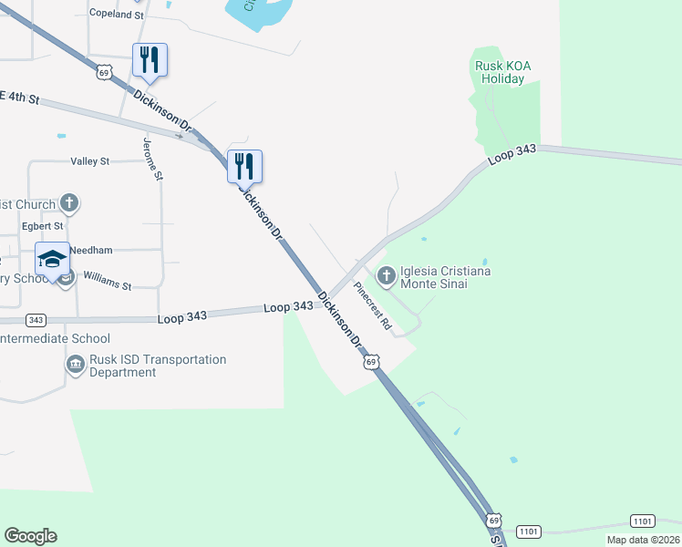 map of restaurants, bars, coffee shops, grocery stores, and more near 171 Farm to Market Road 343 in Rusk
