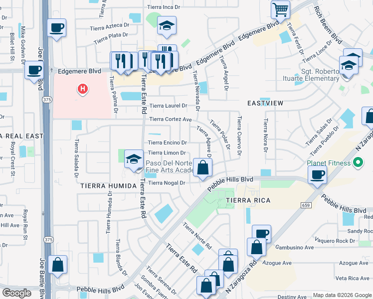 map of restaurants, bars, coffee shops, grocery stores, and more near 3060 Tierra Limon Drive in El Paso