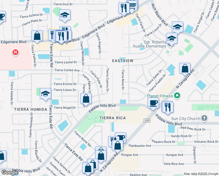 map of restaurants, bars, coffee shops, grocery stores, and more near 3016 Tierra Cuervo Drive in El Paso
