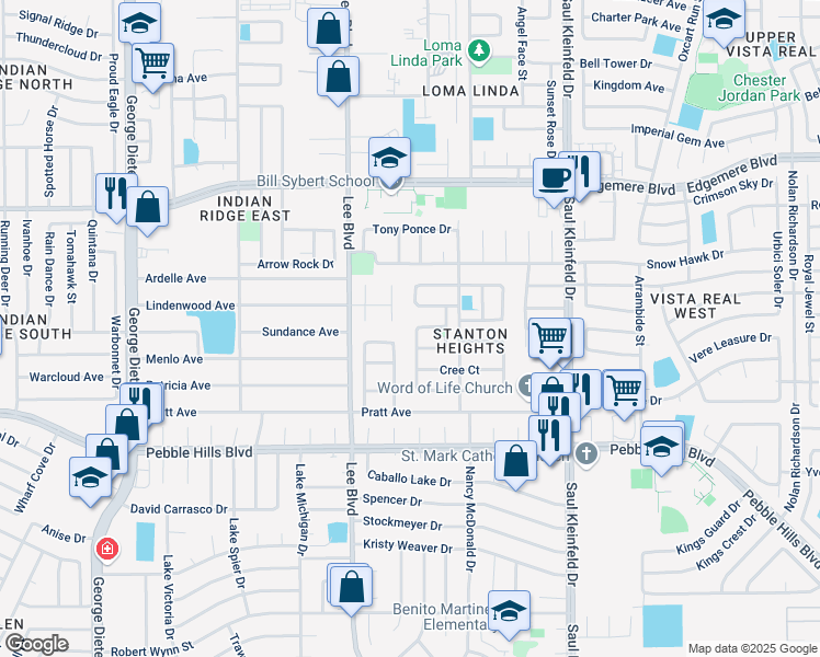 map of restaurants, bars, coffee shops, grocery stores, and more near 3161 Crazy Horse Drive in El Paso