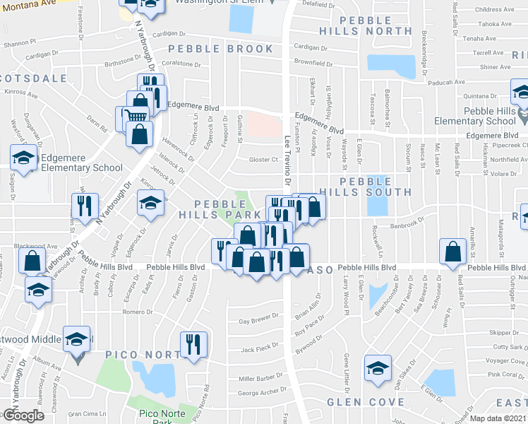 map of restaurants, bars, coffee shops, grocery stores, and more near 3156 Hector Drive in El Paso