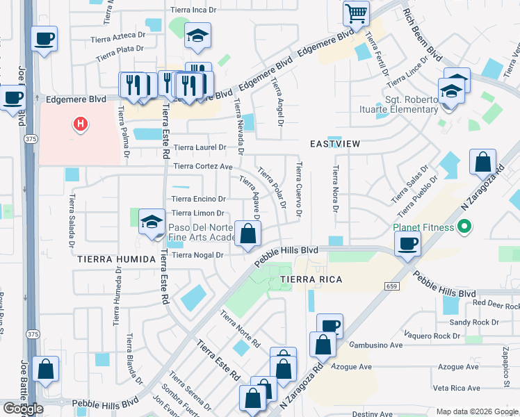 map of restaurants, bars, coffee shops, grocery stores, and more near 12521 Tierra China Court in El Paso
