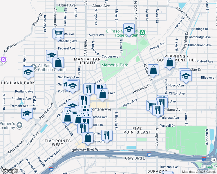 map of restaurants, bars, coffee shops, grocery stores, and more near 1214 North San Marcial Street in El Paso