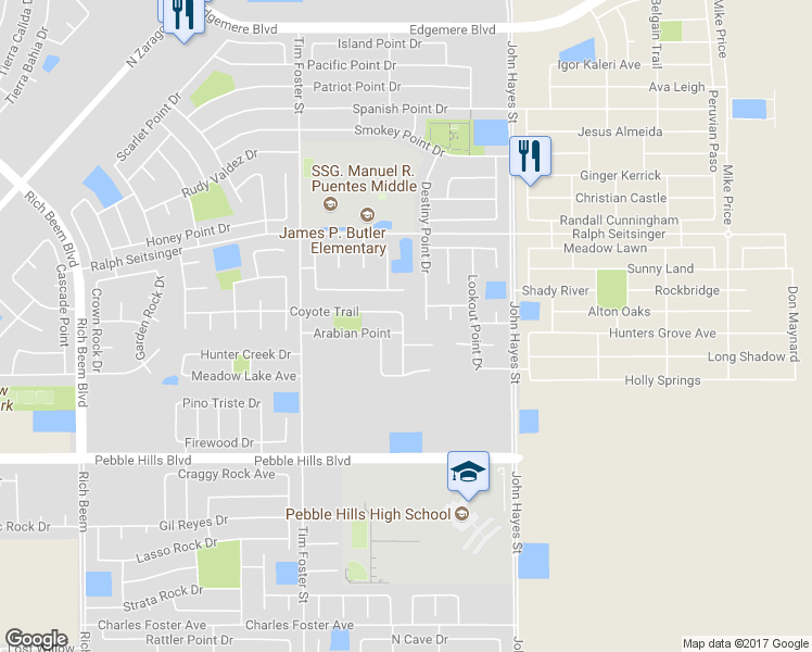 map of restaurants, bars, coffee shops, grocery stores, and more near 14418 Coyote Trail in El Paso