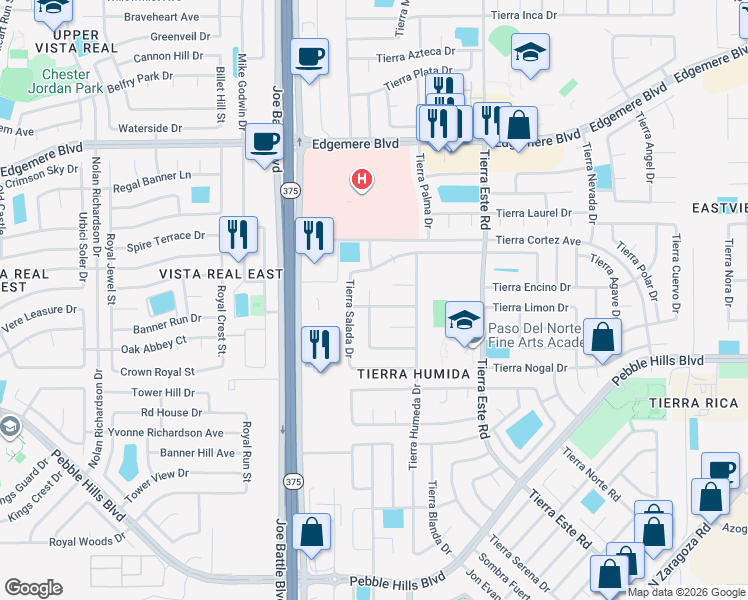 map of restaurants, bars, coffee shops, grocery stores, and more near 12259 Tierra Loma Road in El Paso