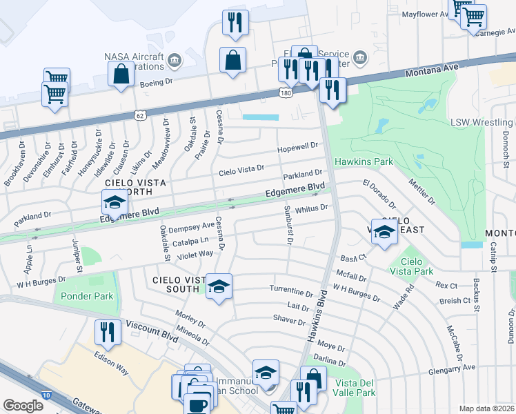 map of restaurants, bars, coffee shops, grocery stores, and more near 8412 Edgemere Boulevard in El Paso