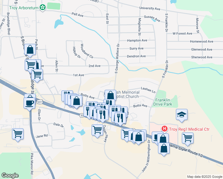 map of restaurants, bars, coffee shops, grocery stores, and more near 521 South George Wallace Drive in Troy