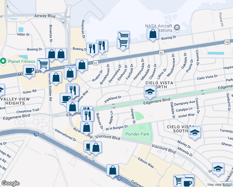 map of restaurants, bars, coffee shops, grocery stores, and more near 7312 Bellrose Dr in El Paso