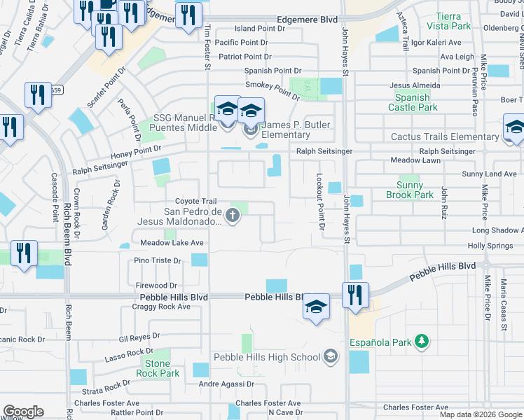 map of restaurants, bars, coffee shops, grocery stores, and more near 14357 Arabian Point in El Paso