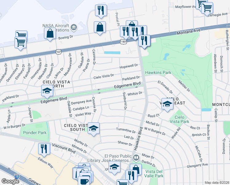 map of restaurants, bars, coffee shops, grocery stores, and more near 8412 Edgemere Boulevard in El Paso