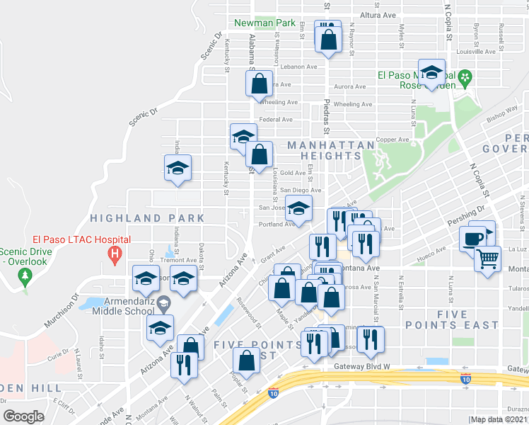 map of restaurants, bars, coffee shops, grocery stores, and more near 2604 San Jose Avenue in El Paso
