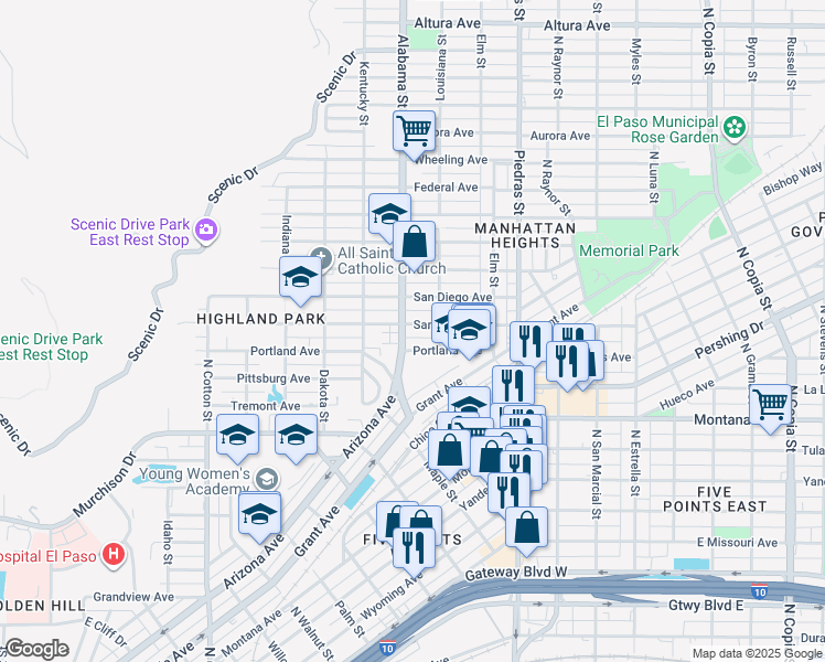 map of restaurants, bars, coffee shops, grocery stores, and more near 2604 San Jose Avenue in El Paso