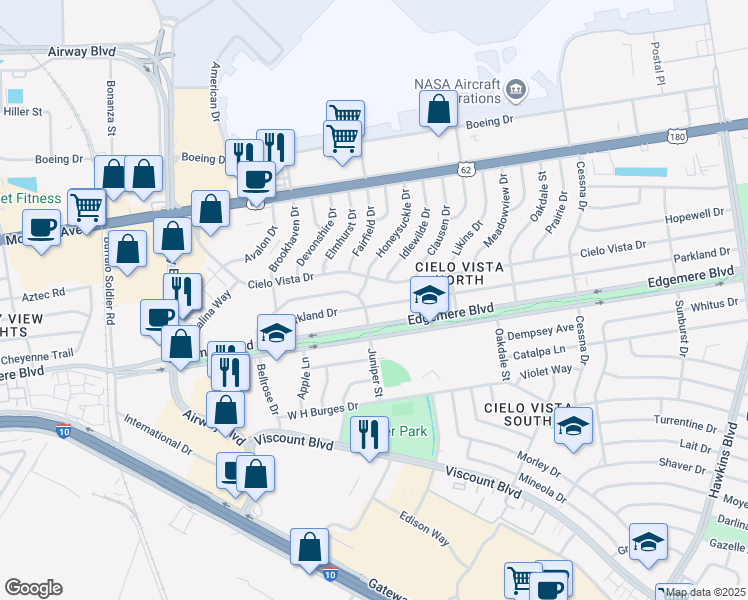 map of restaurants, bars, coffee shops, grocery stores, and more near 7605 Parkland Drive in El Paso