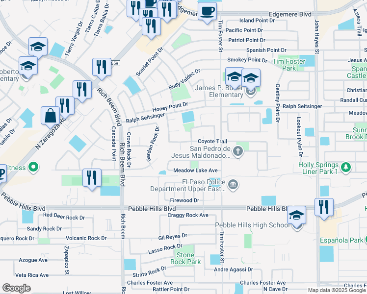 map of restaurants, bars, coffee shops, grocery stores, and more near 3002 Coyote View in El Paso