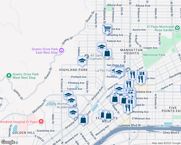 map of restaurants, bars, coffee shops, grocery stores, and more near 2408 San Jose Avenue in El Paso