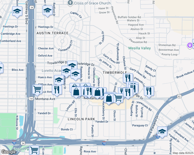 map of restaurants, bars, coffee shops, grocery stores, and more near 1221 Selden Drive in El Paso