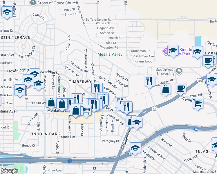 map of restaurants, bars, coffee shops, grocery stores, and more near 5535 Peinado Lane in El Paso