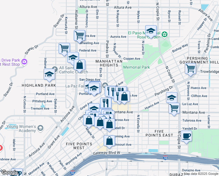 map of restaurants, bars, coffee shops, grocery stores, and more near 2903 Grant Avenue in El Paso