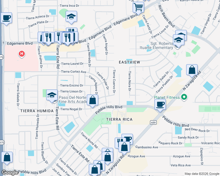 map of restaurants, bars, coffee shops, grocery stores, and more near 3017 Tierra Polar Drive in El Paso
