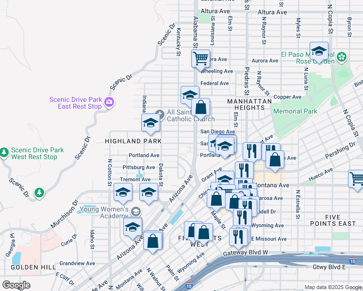 map of restaurants, bars, coffee shops, grocery stores, and more near 2506 San Jose Avenue in El Paso