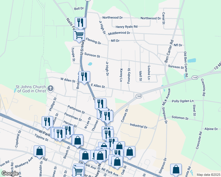 map of restaurants, bars, coffee shops, grocery stores, and more near 221 East Allen Street in Baxley