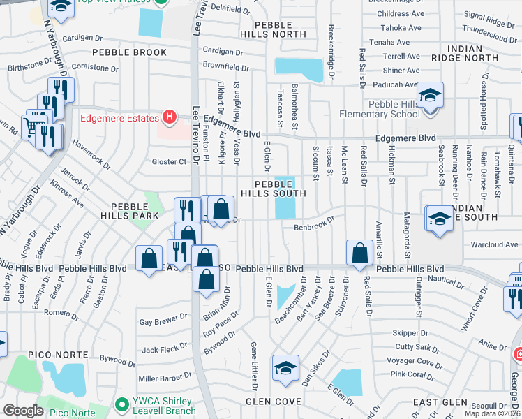 map of restaurants, bars, coffee shops, grocery stores, and more near 3204 East Glen Drive in El Paso