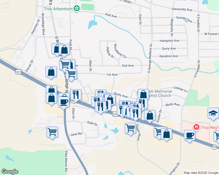 map of restaurants, bars, coffee shops, grocery stores, and more near 100-298 Botts Ave in Troy