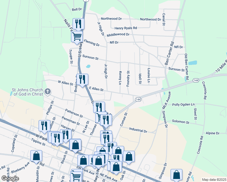 map of restaurants, bars, coffee shops, grocery stores, and more near 221 East Allen Street in Baxley