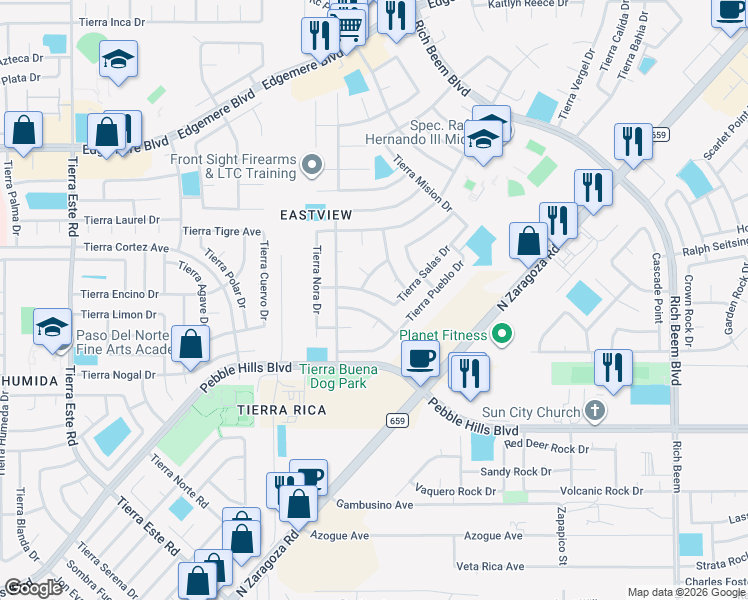 map of restaurants, bars, coffee shops, grocery stores, and more near 12741 Tierra Monje Lane in El Paso