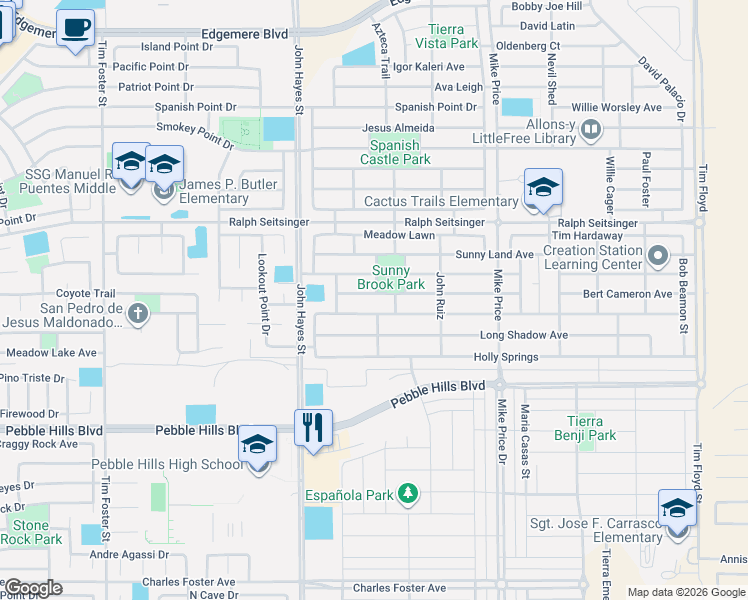 map of restaurants, bars, coffee shops, grocery stores, and more near 14553 Hunters Grove Avenue in El Paso