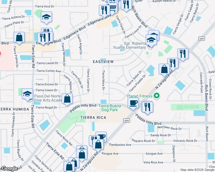 map of restaurants, bars, coffee shops, grocery stores, and more near 12708 Tierra Monje in El Paso