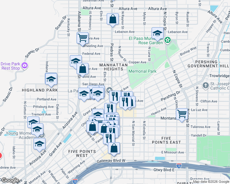 map of restaurants, bars, coffee shops, grocery stores, and more near 2903 Grant Avenue in El Paso