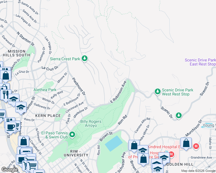 map of restaurants, bars, coffee shops, grocery stores, and more near 10 Sierra Crest Drive in El Paso
