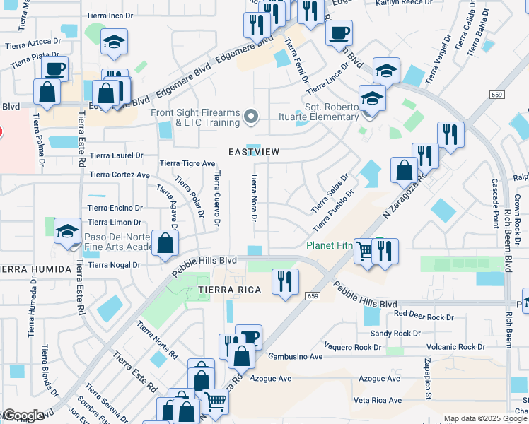 map of restaurants, bars, coffee shops, grocery stores, and more near 12708 Tierra Monje in El Paso