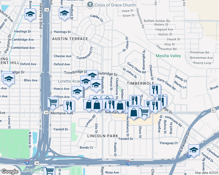 map of restaurants, bars, coffee shops, grocery stores, and more near 1303 Howze Street in El Paso