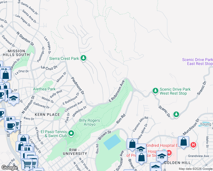 map of restaurants, bars, coffee shops, grocery stores, and more near 10 Sierra Crest Drive in El Paso