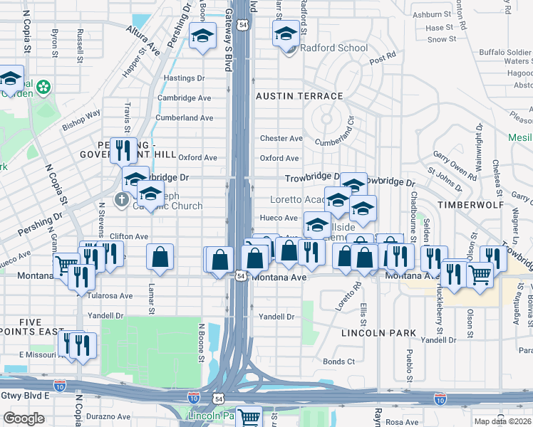 map of restaurants, bars, coffee shops, grocery stores, and more near 4319 Hueco Avenue in El Paso