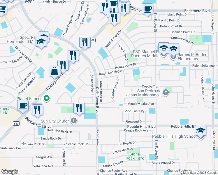 map of restaurants, bars, coffee shops, grocery stores, and more near 3049 Garden Rock Drive in El Paso