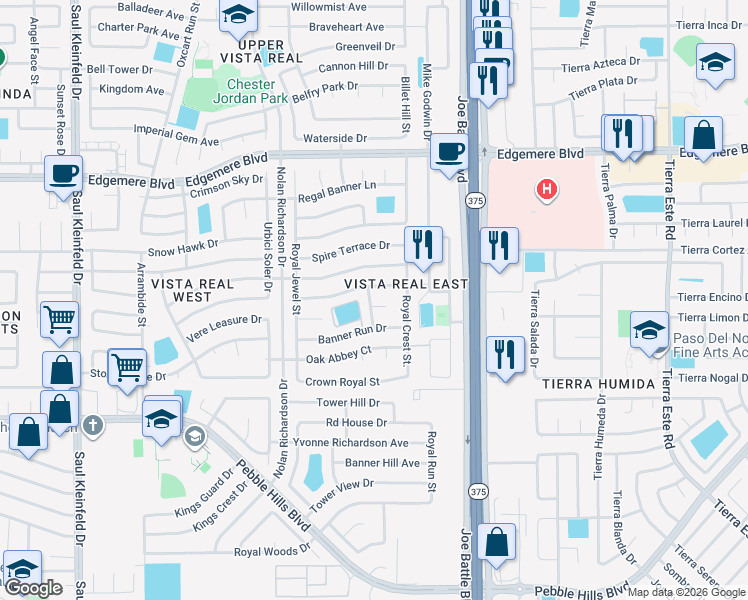 map of restaurants, bars, coffee shops, grocery stores, and more near 12036 Crown Woods Court in El Paso
