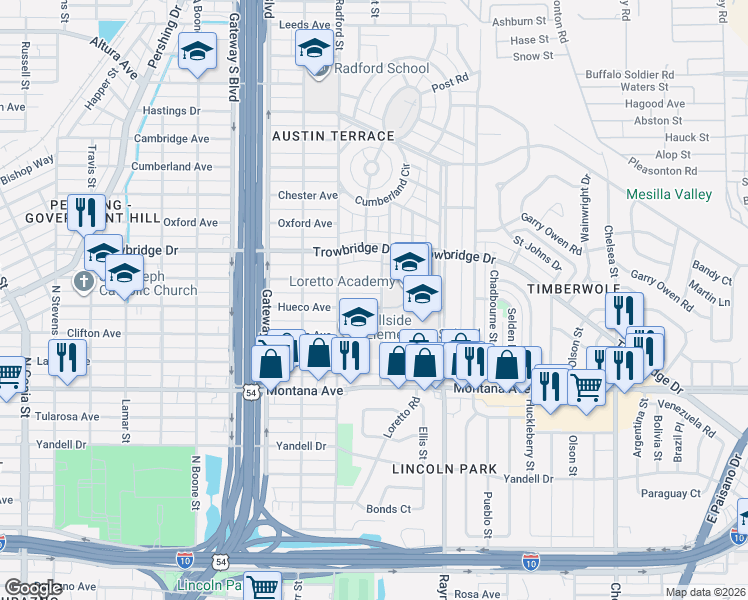 map of restaurants, bars, coffee shops, grocery stores, and more near 1205 Hardaway Street in El Paso